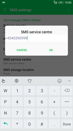 Enter the SMS service centre number and select OK