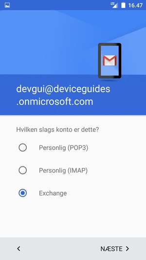 Vælg Exchange og NÆSTE