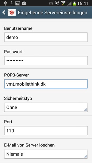Geben Sie Benutzername und die Server-Adresse für eingehende Post ein