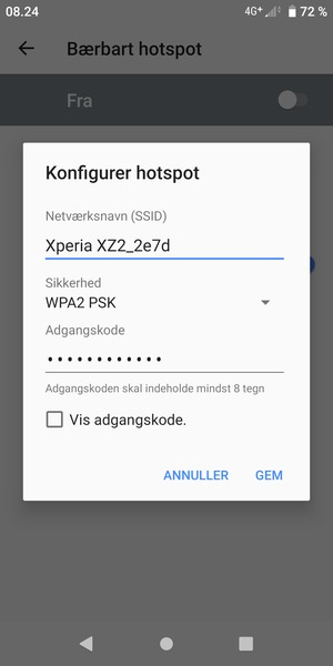 Indtast en Wi-Fi-hotspot adgangskode på minimum 8 tegn og vælg GEM
