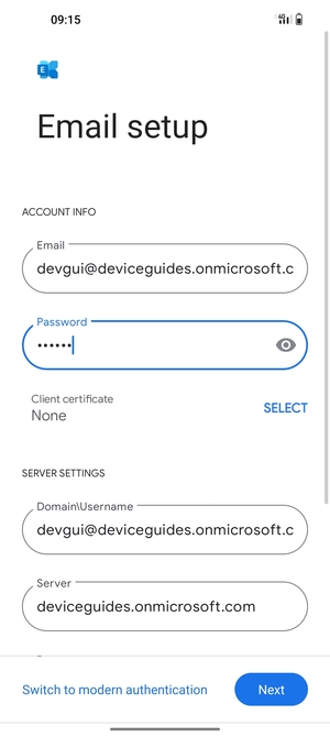 Enter Username and Exchange server address. Select Next