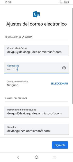 Introduzca Nombre de usuario y la dirección de servidor Exchange. Seleccione Siguiente