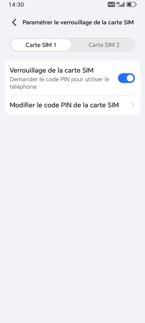 Sélectionnez Carte SIM 1 ou Carte SIM 2 et sélectionnez   Modifier le code PIN de la carte SIM