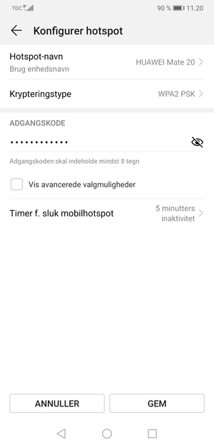 Indtast en Wi-Fi-hotspot adgangskode på minimum 8 tegn og vælg GEM