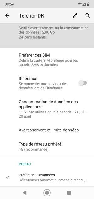 Pour changer de réseau en cas de problèmes de réseau, faites défiler et sélectionnez Préférences avancées