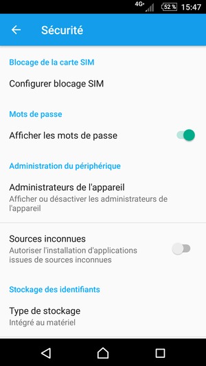 Pour modifier le code PIN de la carte SIM, revenez au menu Sécurité, faites défiler et sélectionnez Configurer blocage SIM