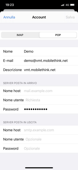 Seleziona POP o IMAP e inserisci le informazioni email per SERVER POSTA IN ARRIVO