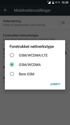 Velg Bare GSM for å aktivere 2G