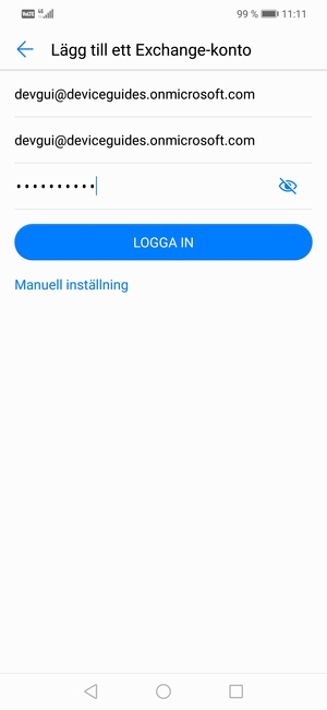 Ange din e-postadress, användarnamn och lösenord. Välj MANUELL INSTÄLLNING