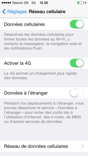 Sélectionnez Réseau de données cellulaires