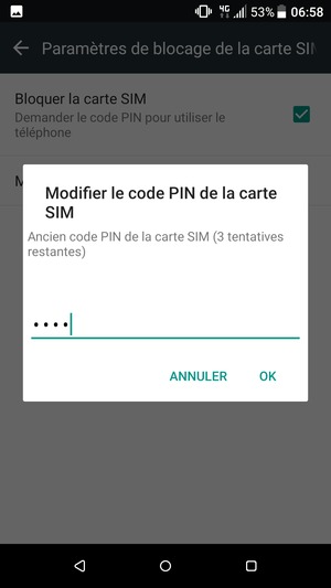 Saisissez votre Ancien code PIN de la carte SIM et sélectionnez OK