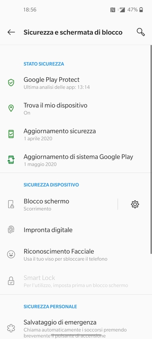 Per attivare il blocco dello schermo, vai al menu Sicurezza e shcermata di blocco e seleziona Blocco schermo