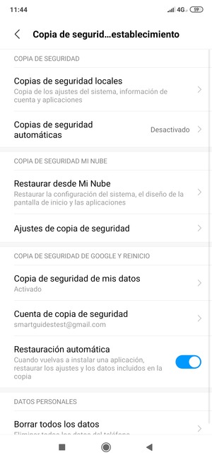 Seleccione Cuentas de copia de seguridad