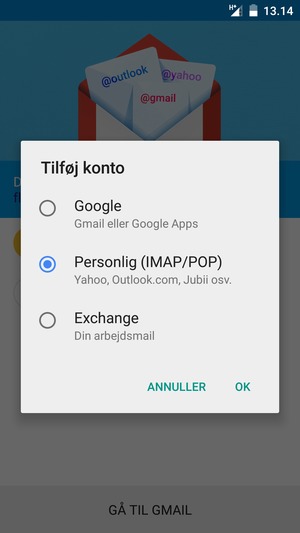 Vælg Personlig (IMAP/POP) og OK