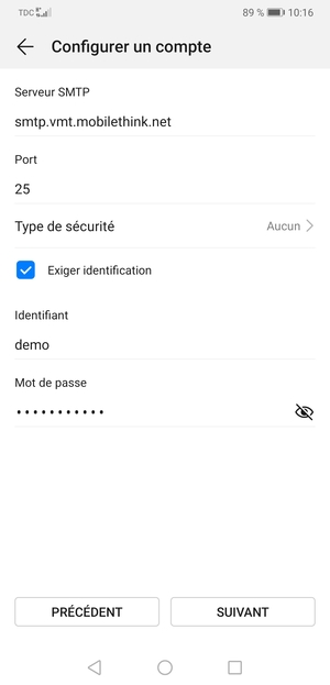 Saisissez l'adresse du serveur sortant