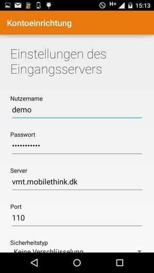 Geben Sie Benutzername und die Server-Adresse für eingehende Post ein