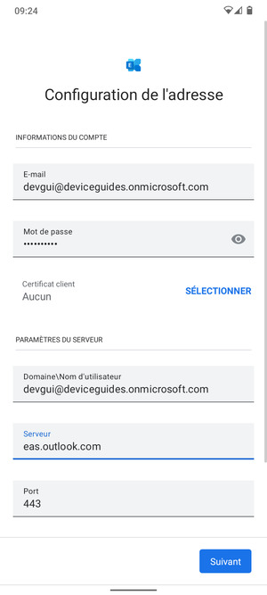 Saisissez votre Nom d'utilisateur et l'adresse du serveur Exchange. Sélectionnez Suivant