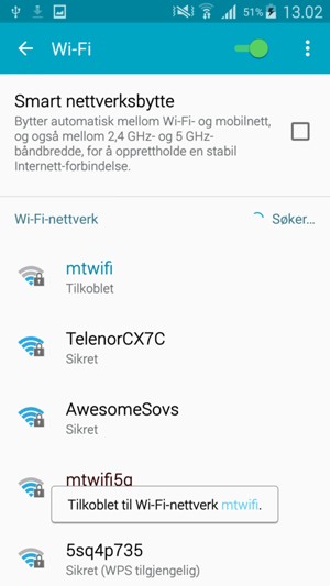 Du er nå koblet til Wi-Fi-nettverket