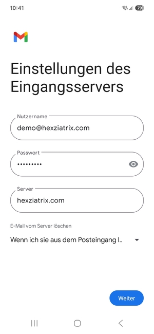 Geben Sie Benutzername und die Server-Adresse für eingehende Post ein. Wählen Sie Weiter
