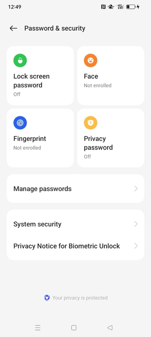 To activate your screen lock, go to the Password & security menu and select Lock screen password