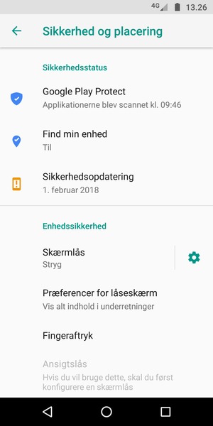 For at aktivere din skærmlås, gå til menuen Sikkerhed og placering og vælg Skærmlås