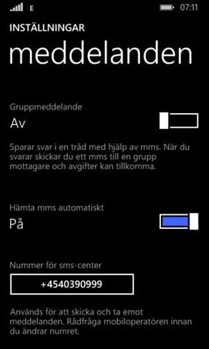 Scrolla till och välj Nummer för sms-center