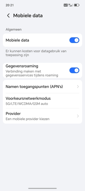 Schakel Gegevensroaming in of uit