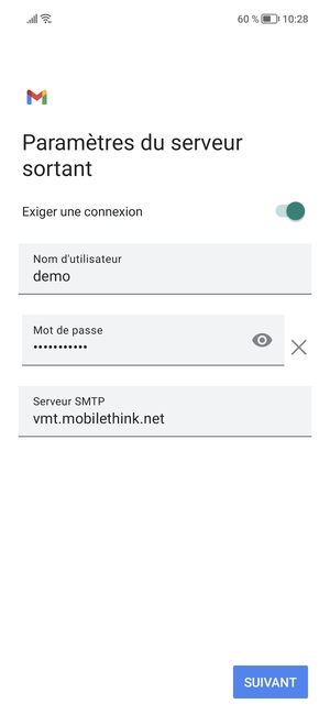 Entrez l'adresse du serveur Sortant