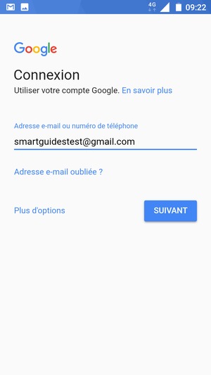 Saisissez votre adresse Gmail et sélectionnez SUIVANT