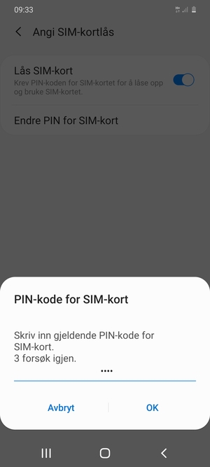 Skriv inn Gjeldende PIN-kode for SIM-kort og velg OK