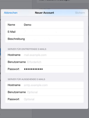 Geben Sie E-Mail-Informationen für  SERVER FÜR AUSGEHENDE E-MAILS ein und wählen Sie Sichern