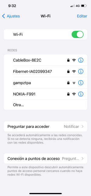 Configure Wi-Fi en ON. Seleccione la red inalámbrica a la que desea conectarse