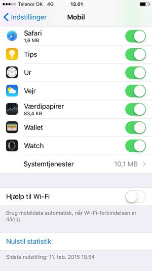 Scroll ned og sæt Hjælp til Wi-Fi til Off