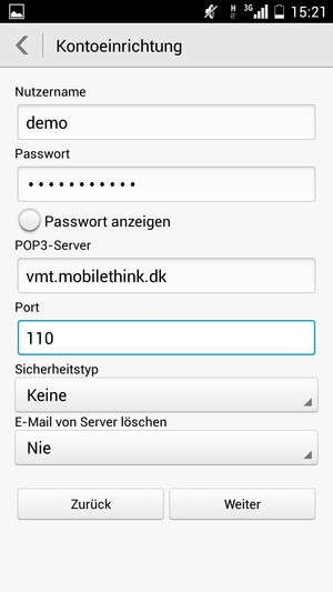 Geben Sie Nutzername und die Server-Adresse für eingehende Post ein. Wählen Sie Weiter