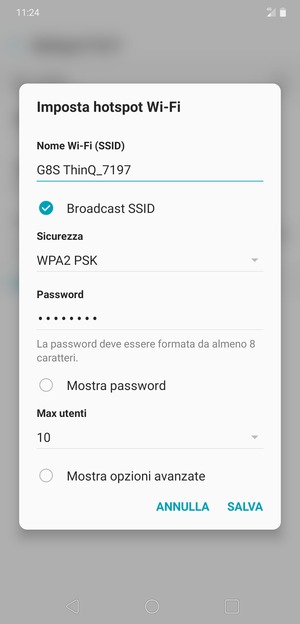 Inserisci una password dell'hotspot Wi-Fi di almeno 8 caratteri e seleziona SALVA