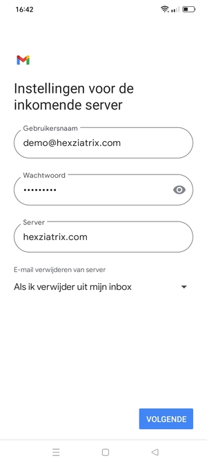 Voer Gebruikersnaam en binnenkomend serveradres in. Selecteer VOLGENDE