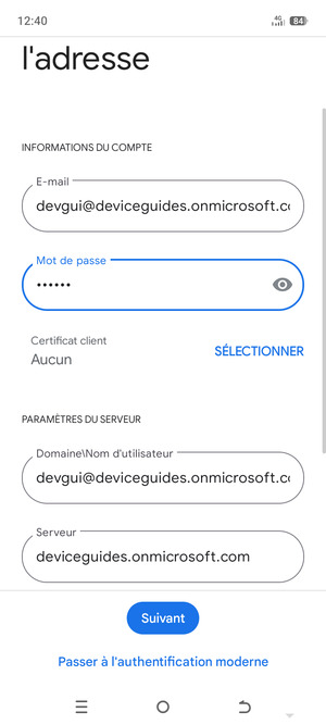 Saisissez votre Nom d'utilisateur et l'adresse du serveur Exchange. Sélectionnez Suivant