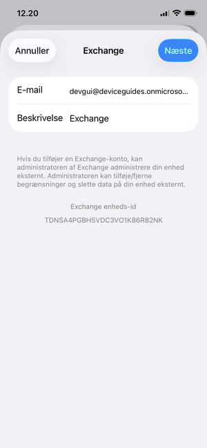 Indtast Exchange e-mail oplysninger og vælg Næste