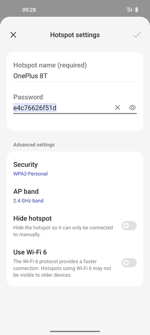 Enter a Wi-Fi hotspot password of at least 8 characters and select OK