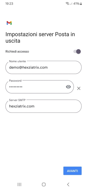 Inserisci l'indirizzo del server di posta in uscita e seleziona AVANTI