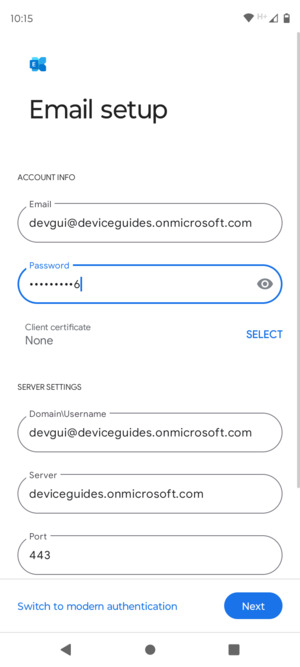 Enter Username and Exchange server address. Select Next
