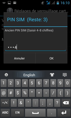 Saisissez votre Ancien PIN SIM et sélectionnez OK
