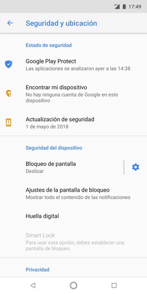 Para activar su bloqueo de pantalla, vaya al menú Seguridad y ubicación y seleccione Bloqueo de pantalla