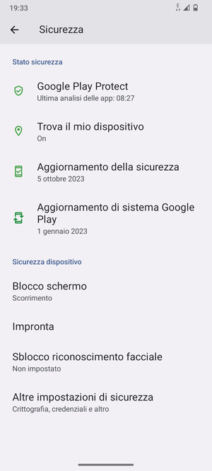 Per cambiare il PIN della scheda SIM, vai al menu Sicurezza e  seleziona Altre impostazioni di sicurezza