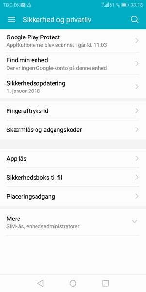 For at aktivere din skærmlås, gå til menuen Sikkerhed og privatliv og vælg Skærmlås og adgangskoder