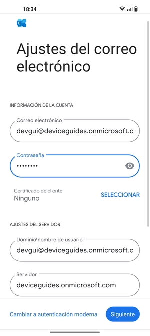 Introduzca Nombre de usuario y la dirección de servidor Exchange. Seleccione Siguiente