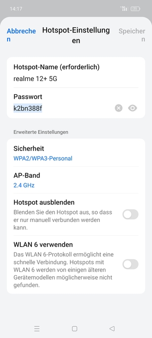 Geben Sie eine WLAN-Hotspot-Passwort mit mindestens 8 Zeichen ein und wählen Sie Speichern