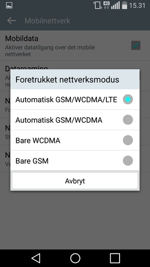 Velg Bare GSM for å aktivere 2G