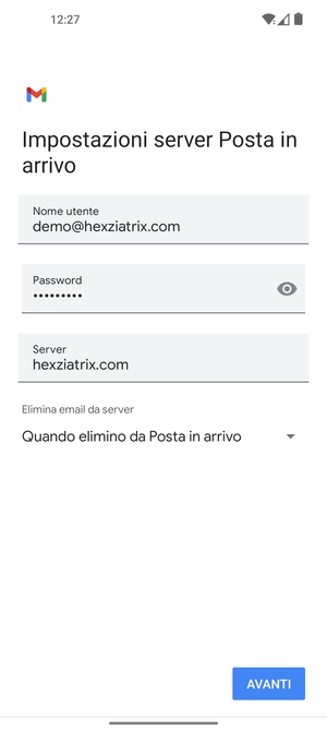 Inserisci Nome utente e l'indirizzo del server di posta in arrivo. Seleziona AVANTI