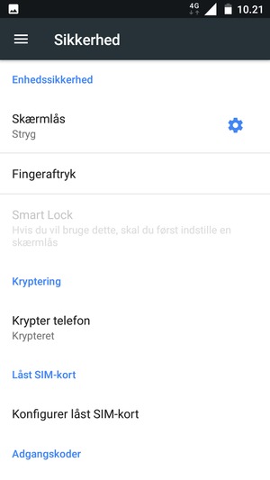 For at aktivere din skærmlås, gå til menuen Sikkerhed og vælg Skærmlås